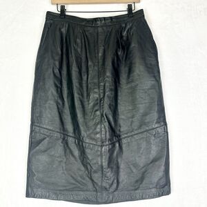 Vintage Pelle Cuir Leather Midi Pencil Skirt Size 8 Black Pockets Biker Grunge